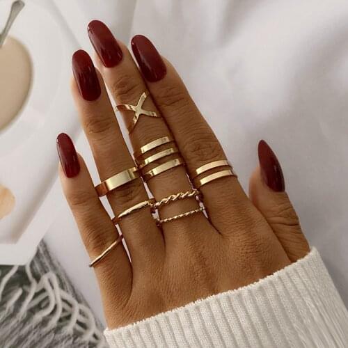 VKME 8Pcs/Set Vintage Gold Thick Chain Open Rings Set For Women Geometric Fashion Simple Bohemian Twist Ring 2021 Trendy Jewelry