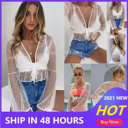 Brand New 2021 Sexy Women White Short Cover Up Summer Lace Dots Mesh Crochet Bikini Swimwear Beach Dress Bathing Suit S M L XL