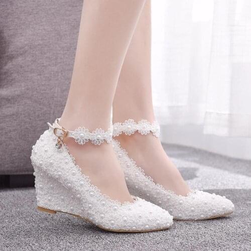 Pearl lace sexy wedge high heels women fashion shallow mouth buckle banquet dress pointed shoes bride bridesmaid wedding shoes