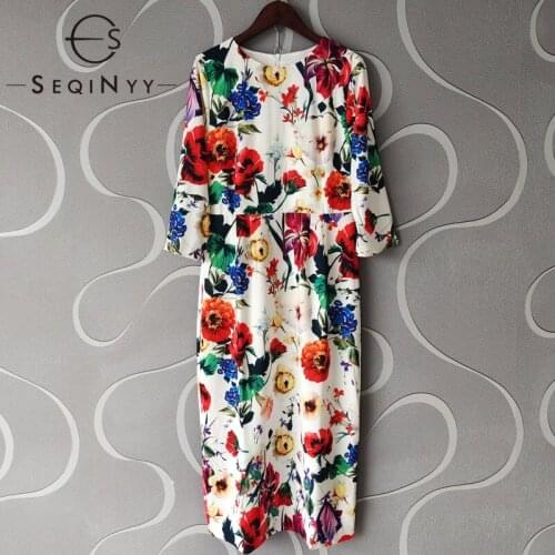 SEQINYY Elegant Dress Summer Spring New Fashion Design Women Runway Colorful Flowers Print Midi Slim