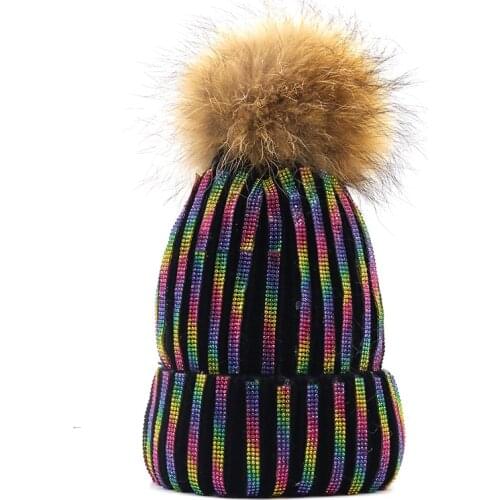 New Wool Beanies Women Real Natural Fur Pom Poms Fashion Diamond Knitted Hat Girl Female Beanie Cap Pompom Winter Hats for Women