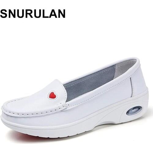 SNURULANWomen White Genuine Leather Flats Female Slip-on Ballet Flats Soft Boat Shoes Nurse Work Loafers High Quality Loafers