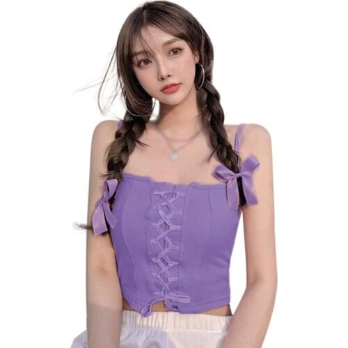 Summer Camisole Womens Outer Wear Vest With Rope Design Short Sleeveless Knitted Tank Top