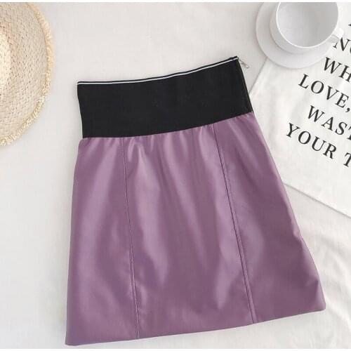 Letter Pu Leather Skirts Women Mini Skirt Streetwear Purple Skirts Short Leather 2020 New High-waisted A- line Sexy Skirt 211H