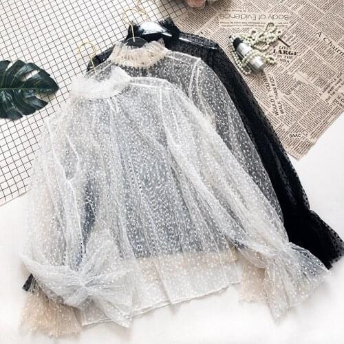 Women Embroidery Polka Dot Flare Sleeve Pullover Hollow Out Lace Voile Basic Shirt Elastic Slim Ruffles Mesh Gauze Blouse Tops