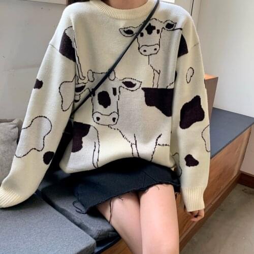 Merry Pretty Vintage Casual Lazy Cow Sweater Female Korean Harajuku Sweaters Japanese Kawaii Cute Ulzzang Jumpers Drop Ship