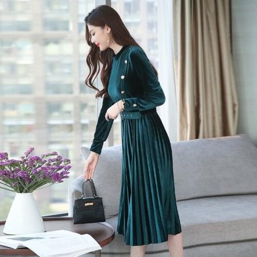 Gold Velvet Dress For Women Autumn Winter Long Sleeve Medium Long Pleated Elegant Dresses With Belt Office Lady Vestidos W1751