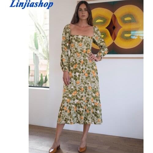 Spring summer women midi dress vintage floral print long sleeves chiffon long dress lining elegant lady robe femme