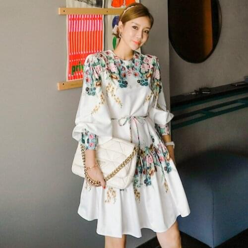 Elegant Sweet Dress 2021 New Retro Autumn Printing Temperament O-Neck Lantern Sleeve Casual Lace Up Ruffles Mini Dress Women