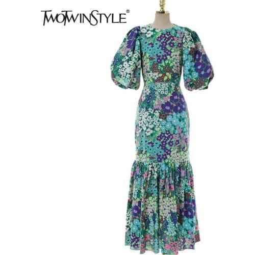 TWOTWINSTYLE Print Floral Vintage Dress For Women O Neck Puff half Sleeve High Waist Hit Color Mid Dresses Females Clothing 2021