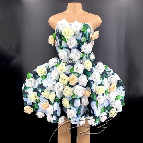 Nightclub Female Singer Flower Dress Strepless Birthday Party Outifts For Women Rose Bubble Dress Gogo Dancer Stage Wear VDB3342