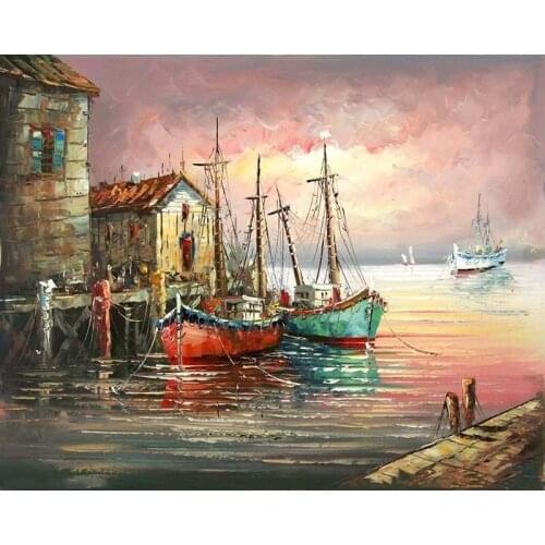 Oil Painting By Number Red wharf Landscape Framed Acrylic Paint Modern Wall Art HandPainted Coloring Pictures Heart Home Decor