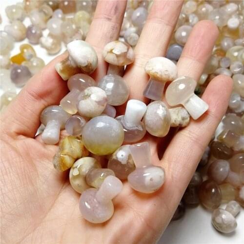 10PCS Mini Natural Cherry Blossom Agate Flower Mushroom Quartz Crystal Hand Polished Healing Gemstones Carving