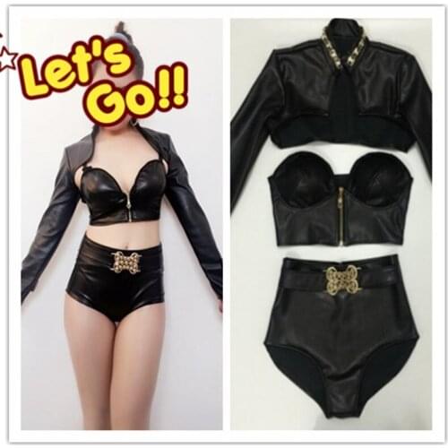 Jazz Hip Hop dance costumes PU Leather black suits Nightclub Bar singer Teams performance outfit Festival show free ship