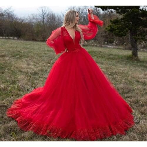 2021 High Quality Boho Lace Wedding Dress Puff Sleeves Red Appliques Bridal Gowns Backless Long Vestido De Noiva