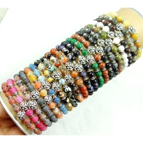 Fashion Silver Lions head 8MM Natural Stone Bracelets For Women Men Tiger Eyes Agates Beaded Bracelets