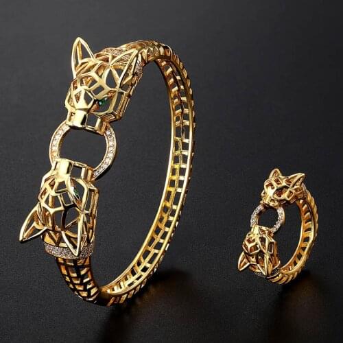 Zlxgirl hollow-carved design Leopard Bangle Ring Sets with Cubic Zircon Tension Mount Gold Bracelets Bangles for Women men gifts