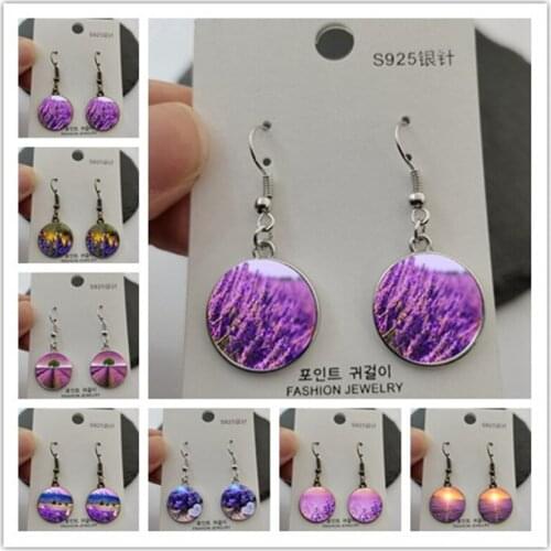 New beautiful purple lavender flowers round glass convex dome earrings jewelry birthday gift for girlfriend decoration jewelry