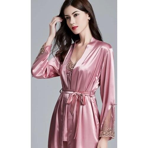 2020 New Faux Silk Pajamas Female Autumn New Silky Ice Silk Sleepwear Woman Long-Sleeve Three-Piece Pajama Sets X5578