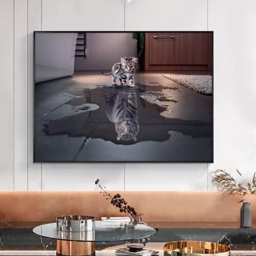 Cartoon Animals Posters the Reflection of a Cat is Like a Tiger Wall Art Painting Prints on Canvas Pictures Home Kids Room Decor