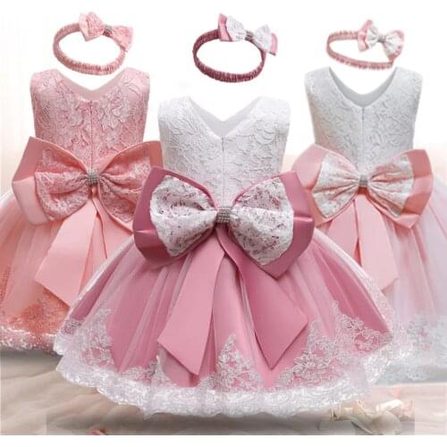 Princess Dresses For Baby Girls Bow Knot Wedding Flower Ball Gowns Infant Birthday Party Christening Girls Costume For 1 2 Yrs