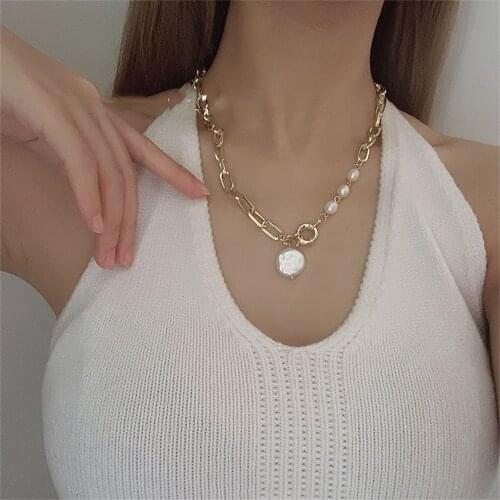 Simple Ins Baroque Pearl Pendant Metal CopperChain Stitching Necklace Female Retro Clavicle Chain Necklace