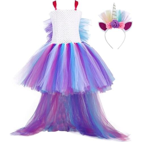 Girls Unicorn Rainbow Dress Halloween Costume Kids Party Tutu Dress with Long Tail Tulle Wing Little Horse Birthday Pony Dress