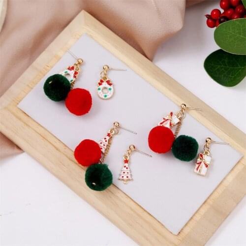 Christmas Jewelry Red Green Pom Pom Drop Earrings For Women Girls Gift Cute Tree Bow Garland Enamel Asymmetrical Dangle Earring