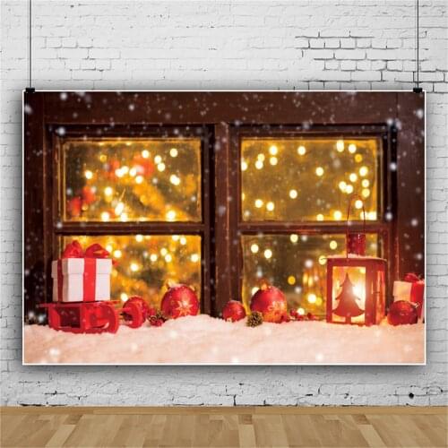 Christmas Background For Photography Winter Snow Wood Windowsill Fantasy Polka Dot Lantern Gift Ball Sledge Party Photo Backdrop