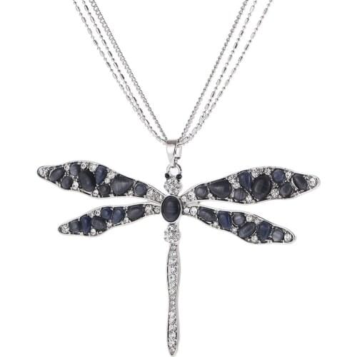 Silvery Dragonfly with Natural Stone Pendants Necklaces Vintage Layered Chain Long Necklace for Women wholesale Jewelry 2020