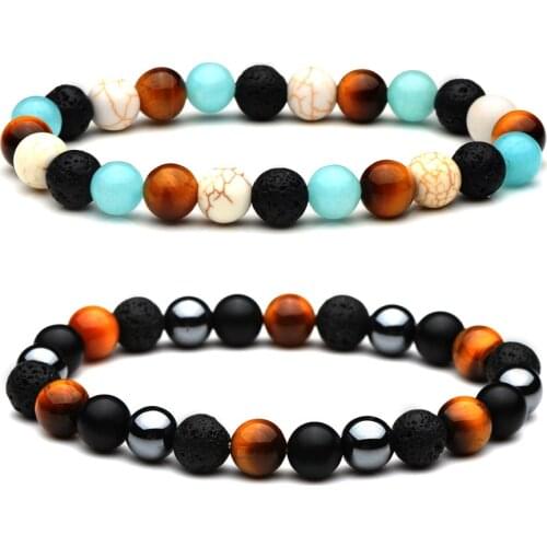 Mixed Stone Beaded Bracelets 8mm Matte Tiger Eye Howlite Amazonite Volcanic Stone Black Buddhist Natural Beads Bracelet Couple