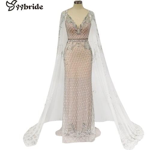 New Arrived Beading Crystal Dresses V-Neck Vintage Sleeveless Prom Dresses Luxury With Long Cape Back Cloak Evening Dresses