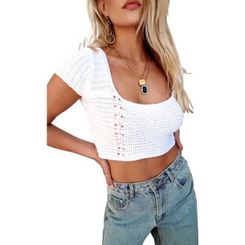 Women Knitted Crop Tops Short Sleeve Cross Tie Up Back Hollow Out Slim Fit T-Shirts