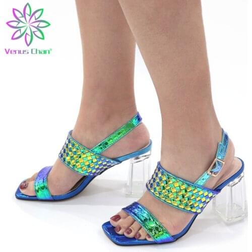 2020 Summer Women Blue Color Shoes Sandals Basic PU Concise Shallow High Heel Shoes Slip-On Casual Round Toe Size 38-42