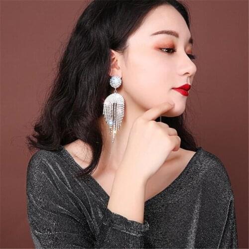 FYUAN Long Tassel Crystal Drop Earrings for Women Round Geometric Full Rhinestone Earrings Statement Jewelry Gifts