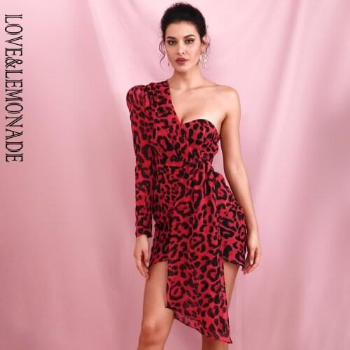LOVE&LEMONADE Sexy Red One-Shoulder Puff Sleeve Ribbon Decoration Leopard Chiffon Bodycon Party Dress LM81825-1