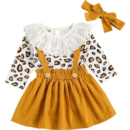 0-3Years Infant Kids Baby Girl Sets Autumn Clothes Lace Ruffles Collar Leopard Romper Strap Skirts Headband 3Pcs Baby Girl Sets