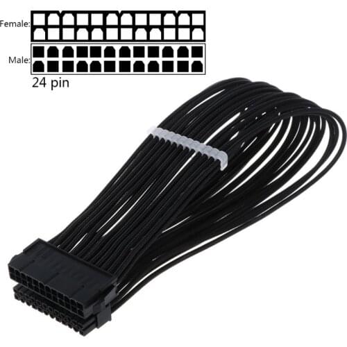 30CM/40CM Black 24 Pin Motherboard Cable Nylon Sleeved Power Supply Extension Cable Wire for PC Computer Accessories