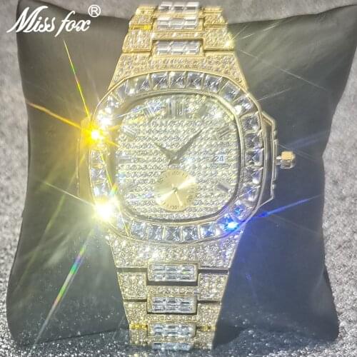 MISSFOX Full Diamond Men Watches 18k Gold Hip Hop Fashion Quartz Wristwatch Waterproof Auto Date Bling Iced Out Jewelry Clocks