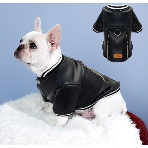 Black Leather Dog Jacket French Bulldog Clothes Winter Pet Coat Dog Clothes Waterproof Outfit Costume for Small Medium Dogs Pug