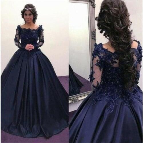 NUOXIFANG Navy Blue Long Evening Dress 2020 Spring Long Sleeves Ball Gown Court Train Appliques Prom Dresses Formal Dress