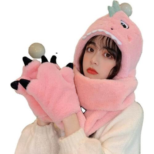 Doitbest Winter Women lambswool Hats Warm Thicken Ear Flaps snow Hats Womens Dinosaur paw Scarf gloves hat one piece Beanie