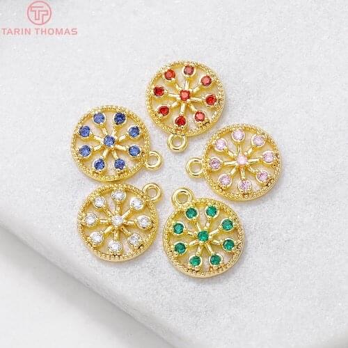 4PCS 11x13MM Hole 1MM 24K Gold Color Brass with Zircon Round Charm Pendants High Quality DIY Jewelry Making Findings Accessories