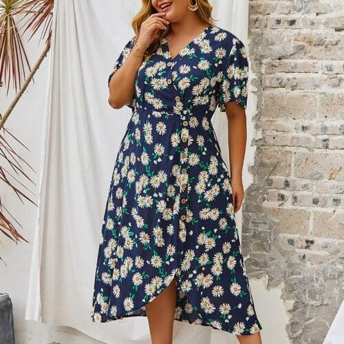 2021 Fashion Youth Slim Dress Floral Large Size V Neck Summer New Womens Printed Temperament Commuter Vestido De Mujer Verano