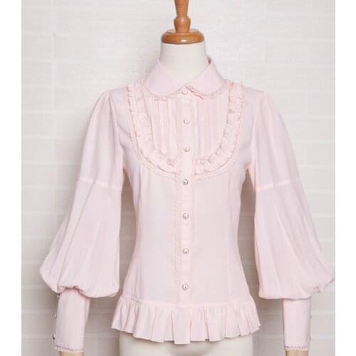 Custom Made Sweet Girls Chiffon Blouse Pink Long Puff Sleeve Womens Shirt with Ruffles Free Shipping