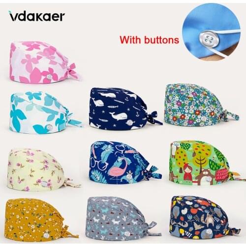 Multicolor pure cotton print hat Women and man button Scrubs Caps lab Work Hats Adjustable size pet shop cap With Buttons