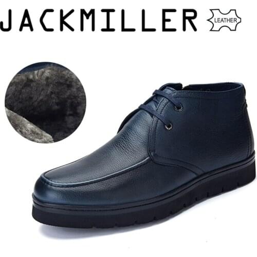 Jackmiller Top Brand Mens Leather Boots Navy Lace-Up Side Zipper Thick Sole Wool Lining Basic Men Boots Winter Warm Ankle Shoes