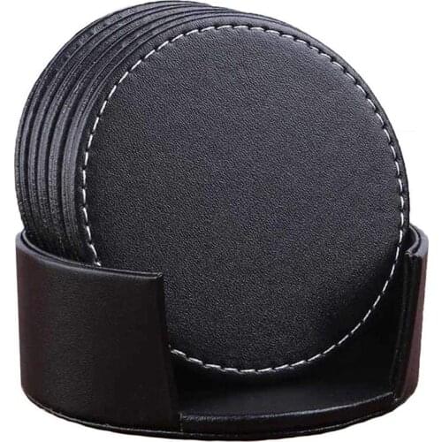 Sunshine Set of 6 Leather Drink Coasters Round Cup Mat Pad Kitchen Use Black