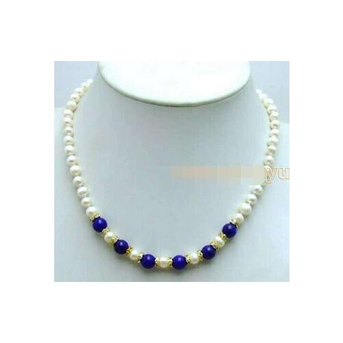 Genuine natural 7-8mm white freshwater pearl +8mm red green jade gems necklace 18"