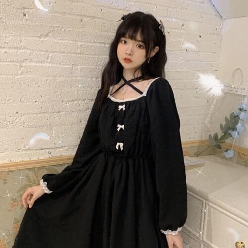 Lolita autumn new retro lace Japanese soft girl cute bow waist long sleeve dress mid-length Dress for Kawaii Girl